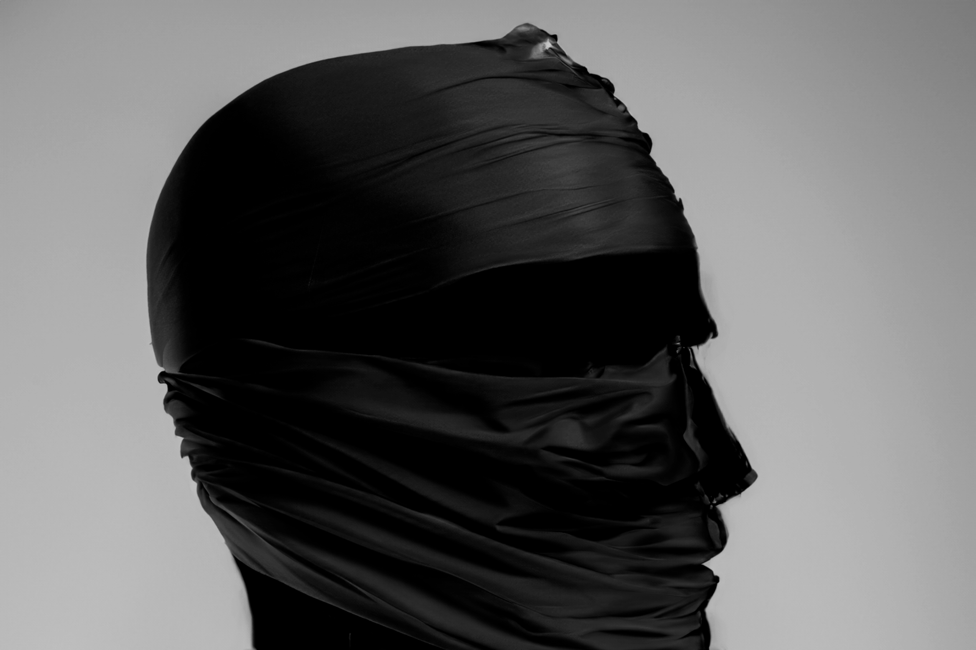 Lanfranco Aceti, Mirrors of Mirrors, 2020, left panel: a head veiled in black, in profile facing right